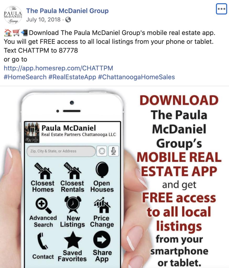 Paula McDaniel and her team post about their app frequently to let their clients know the benefits of working with their Real Estate Partners Chattanooga App
