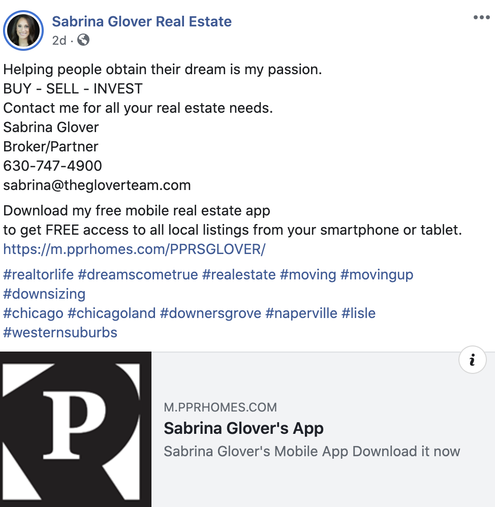 Sabrina Glover of Platinum Partner posts about her mobile real estate often to stay top-of-mind.